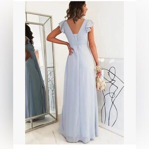 Beautiful Bridesmaid Dress in slate blue and slit on side. It has lace up back